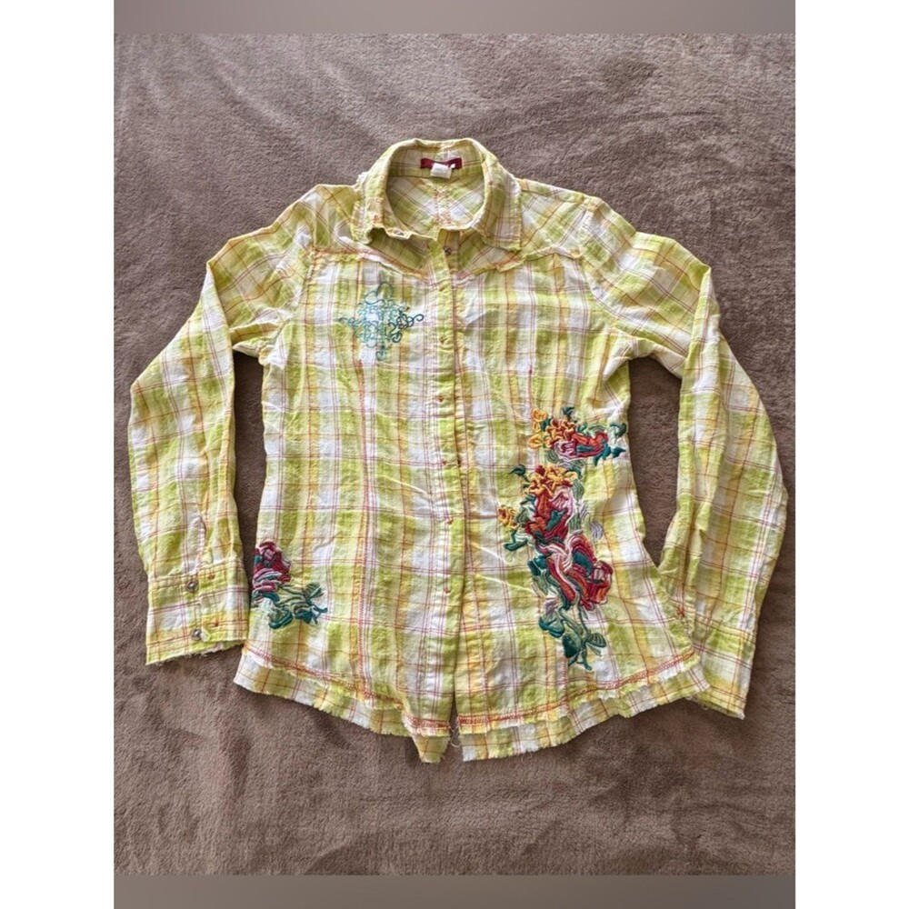 Yellow Green Plaid Button-Down Shirt with Floral Embroidery size medium